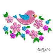 Machine Embroidery Light Pink Bird and Flowers Design Applique, download embroidery file