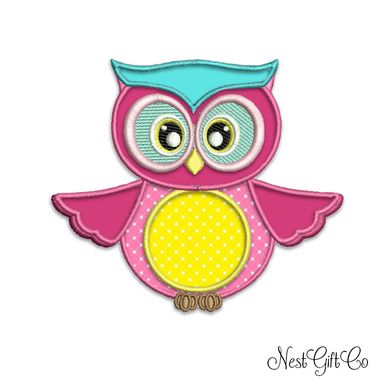Girly Owl Digital Embroidery - Digital Applique Pink Owl Pattern For Machine Embroidery, Download Embroidery File