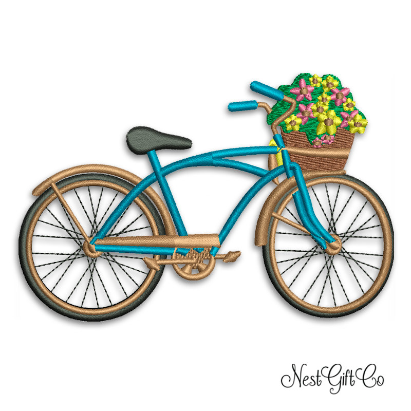 Machine Embroidery Flower Basket Bike - Digital Applique Embroidery File