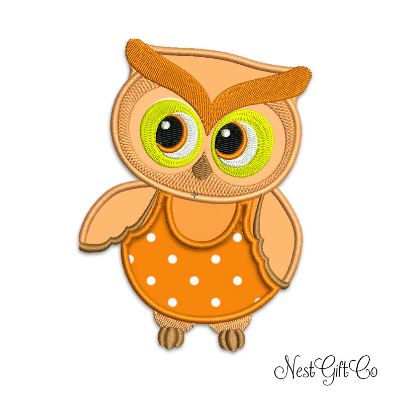Owl Applique Embroidery Digital File, Machine Embroidery Orange Owl